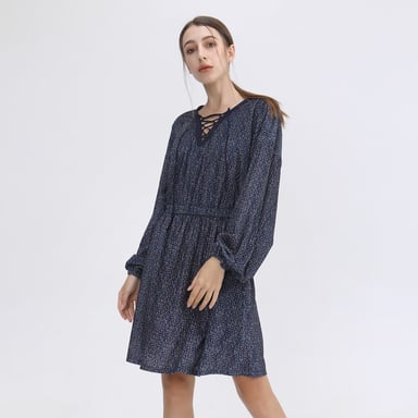 Tunic dress in velvet with lacing at the neckline and prints Liberty