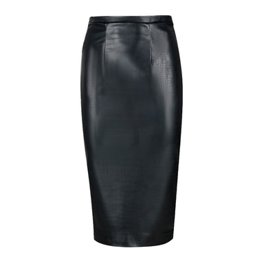 Zwarte kokerrok van imitatie krokodillenleer met hoge taille