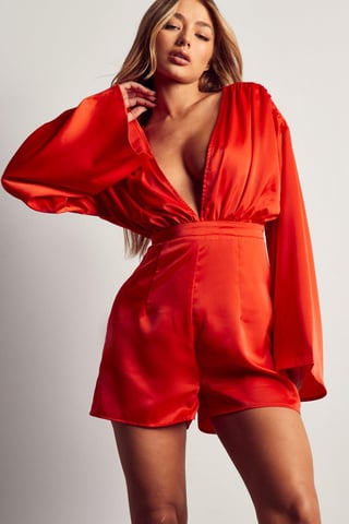 Ruched Shoulder Tie Back Satin Playsuit