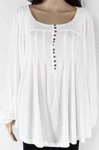 Free People Women's Blouse White Ivory Waffle-Knit Solid