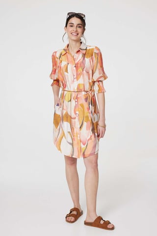 Orange Printed 3/4 Puff Sleeve Shirt Dress