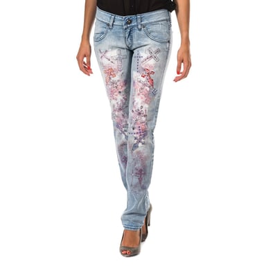 Långa denimbyxor med rippad effekt och smal nederkant F054176 kvinna