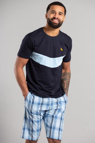 Dark Navy Cotton Loungewear Check Short And T-Shirt Set