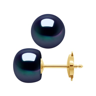 DIADEMA - Earrings - Yellow Gold and Real Freshwater Pearls - Black Tahitian Style