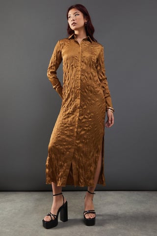 Crinkle Satin Oversized Midi Shirt Dress