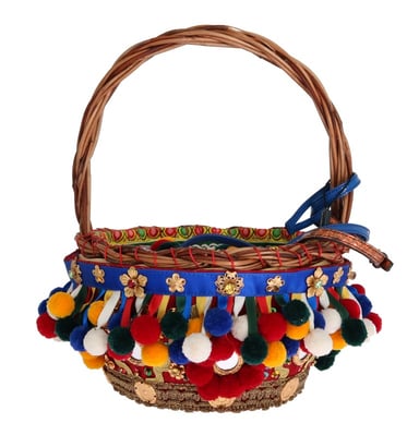 Dolce & Gabbana Multicolor AGNESE Straw Crystal Pom Pom Bag