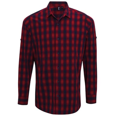 Premier Mens Mulligan Checked Cotton Long-Sleeved Shirt (Red/Navy)