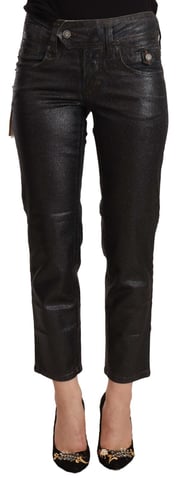 John Galliano Women's Black Glittered Mid Waist Cotton Cropped Pants