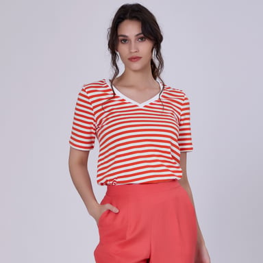 V neck stripes cotton T-shirt