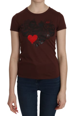 Exte Women's Brown Heart Print Crew Neck T-shirt Short Sleeve Blouse