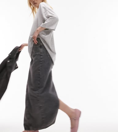 Topshop Petite denim column maxi skirt in dark grey