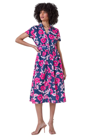 Floral Linen Look Belted Shirt Dress