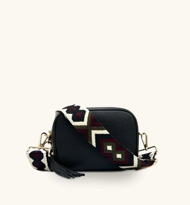 Black Leather Crossbody Bag With Port & Olive Diamond Strap