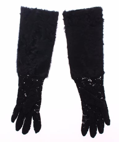 Dolce & Gabbana Black Lace Wool Lambskin Fur Elbow Women's Gloves