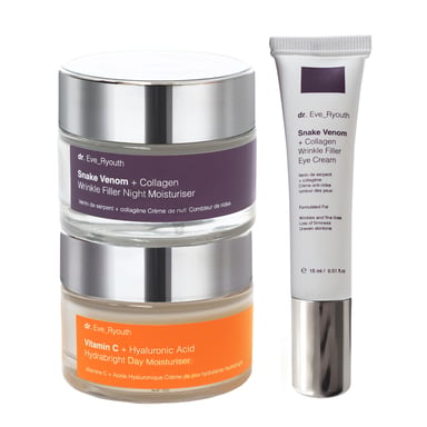 C-vitamin + Hyaluronsyra Hydrabright Dagkräm 50ml + Ormgift + Kollagen Wrinkle Filler Nattkräm 50ml + Ormgift + Kollagen Wrinkle Filler Ögonkräm 15