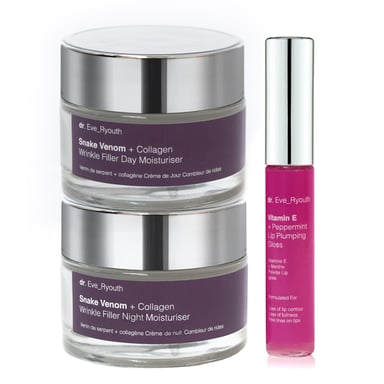 Snake Venom + Collagen Wrinkle Filler Day Moisturiser 50ml + Snake Venom + Collagen Wrinkle Filler Night Moisturiser 50ml + Vitamin E Lip Plumps 8ml