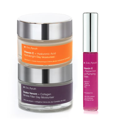 Vitamin C + Hyaluronic Acid Hydrabright Day Moisturiser 50ml + Snake Venom + Collagen Wrinkle Filler Day Moisturiser 50ml + Vitamin E Lip Plumps 8ml