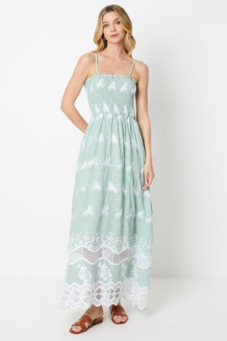 Lace Detail Shirred Bodice Embroidered Strappy Midi Dress