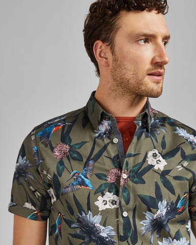 Ted Baker Johnn Short-Sleeved Kingfisher Printed Shirt, Khaki