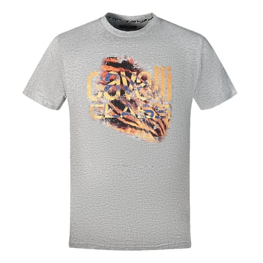 Cavalli Class Slashed Tiger Print Bold Logo Grey T-Shirt