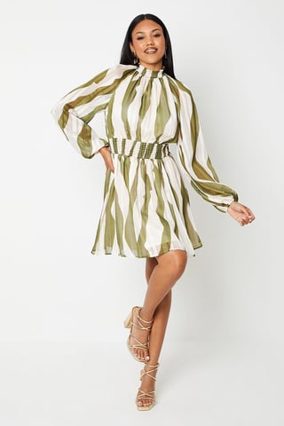 Printed High Neck Blouson Sleeve Mini Dress