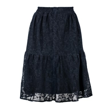 Black Lace Jacquard Skirt – Soft Textured Polyester, Below Knee, Elastic Waist