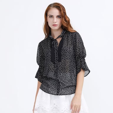 Polka Dots Tulip Sleeves Chiffon Blouse