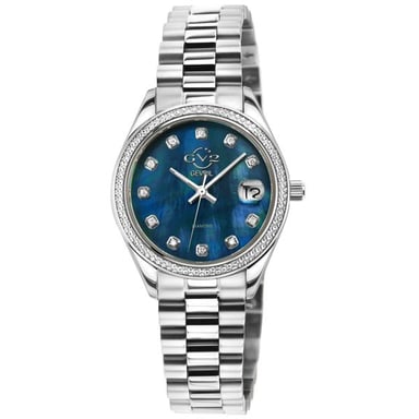 GV2 Turijn-diamant voor dames, blauwe MOP-wijzerplaat, roestvrij stalen horloge