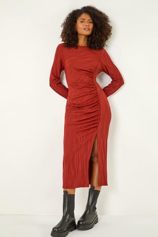 Textured Ruched Stretch Midi Dress