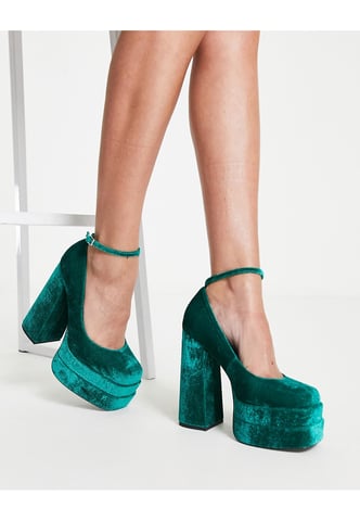 ASOS DESIGN Pistol double platform heeled shoes in teal velvet-Blue