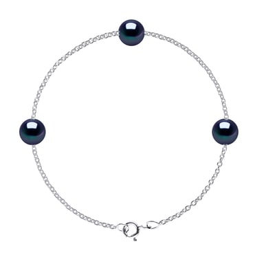 DIADEMA - Bracelet - Silver and 3 Real Freshwater Pearls - Black Tahitian Style