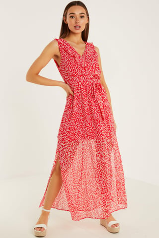 Red & White Floral Wrap Maxi Dress