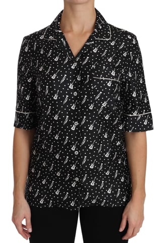 Dolce & Gabbana Women's Black Guitar & Trumpet Print Silk Shirt Top