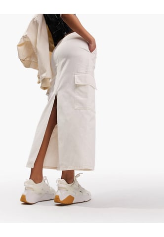 ASOS DESIGN parachute denim midi skirt with cargo pockets in white