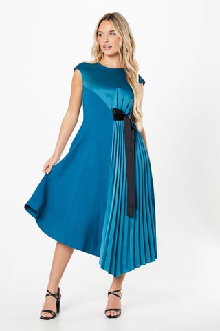 Petite Pleated And Panelled Contrast Tie Satin Midi Dress