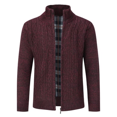 Men's Cardigan with Zip Cardigan Chunky Knit with Stand-Up Collar for Winter Red