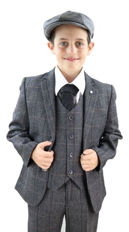 Boys 3 Piece Charcoal Grey Herringbone Tweed Check Classic  Suit