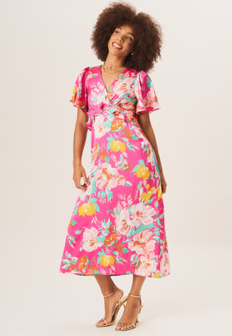 Floral Print Angel Sleeves Midi Dress