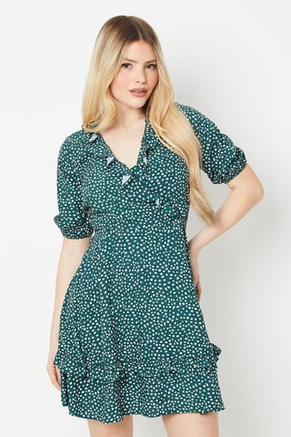 Green Spot Wrap Mini Dress