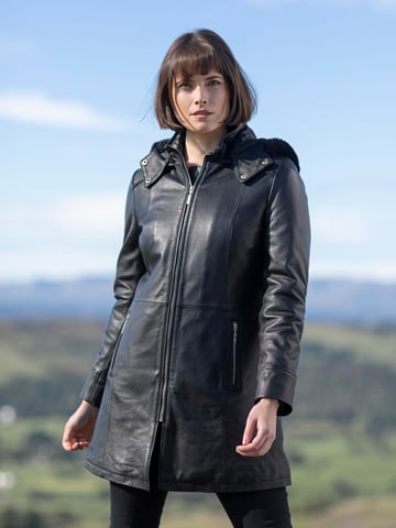 Rydalwater Hooded Leather Coat in Black