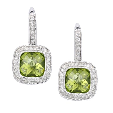 9ct White Gold Diamond and Peridot Square Hoop Earrings