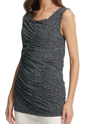 DKNY Women's Top Black Size XS Dotted Print Ruched Trim Tank Stretch