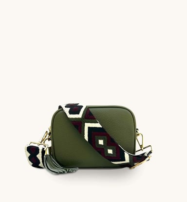 Olive Green Leather Crossbody Bag With Port & Olive Diamond Strap