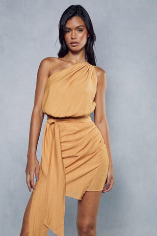 Textured Linen Look Drape Detail Mini Dress