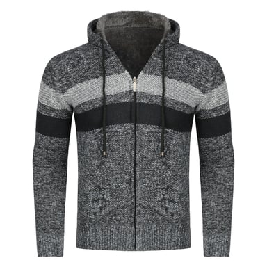 Men's Winter Transition Cardigan with Hood Lined Chunky Knit Hooded Warm Jacket Dark Grey