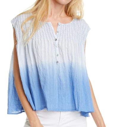 Free People Women's Boxy Blouse Blue Size XS Henley Shirred Ombre