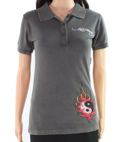 Ed Hardy Women's Shirt Gray Size XS Polo Yin-Yang Fire Cat Printed