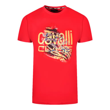 Cavalli Class Slashed Tiger Print Bold Logo Red T-Shirt