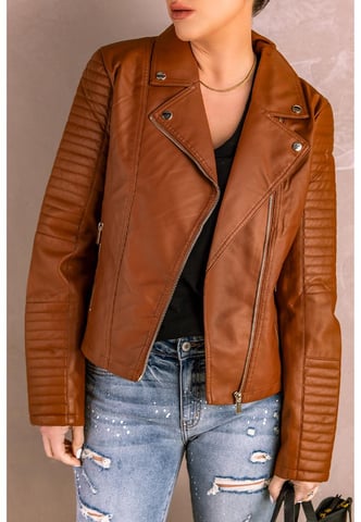 Women's Ribbed Seam Detail Faux Leather Motorcycle Jacket in Brown