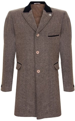 Mens 3/4 Brown Long Crombie Overcoat Jacket Herringbone Tweed Coat Peaky Blinder
